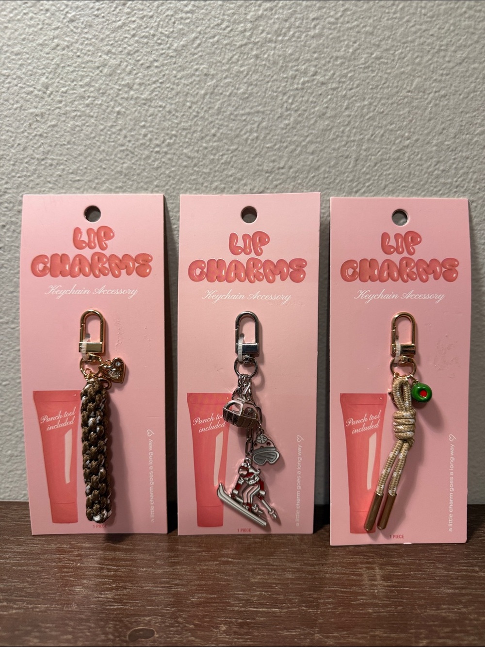 Line Modern 3 Lip Charms Olive, Cord Heart, and Skier Keychain Accessory